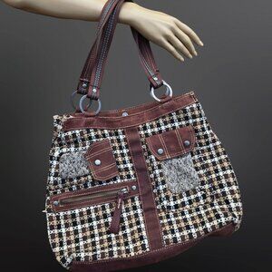 Y2K Brown Tweed Shoulder Bag Large Canvas Academia Fall Autumn Downtown Girl